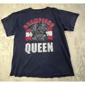 QUEEN Mens L Shirt Blue Champions Graphic Print Band Tee 100% Cotton